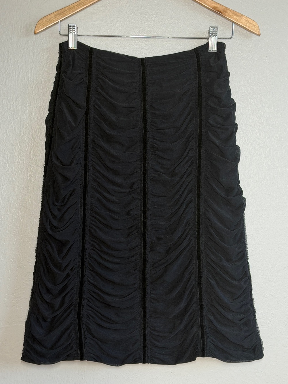 Betty Barclay Vintage Y2K Black Ruched Mesh Velvet Striped Midi Skirt 38